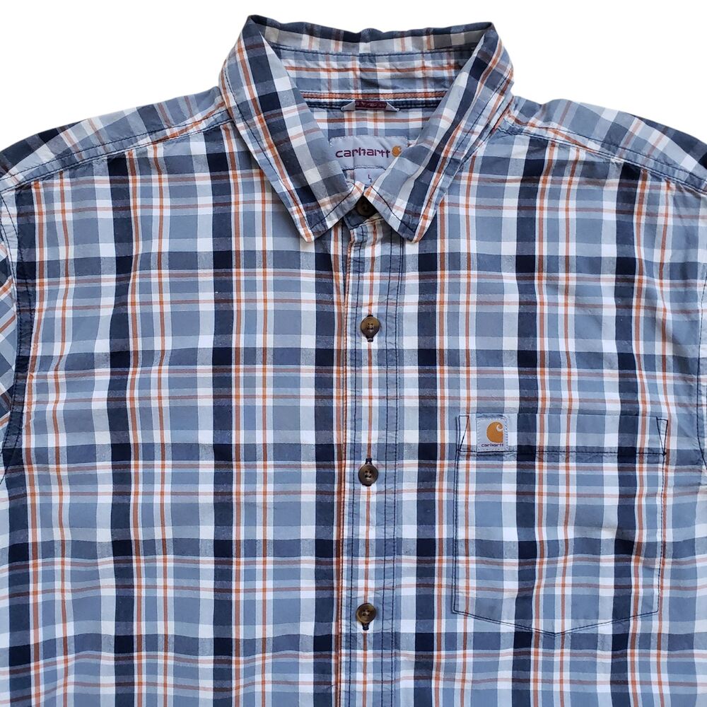 Carhartt Shirt Mens Large Blue Plaid Button Up Short Sleeve Cotton Relaxed Fit